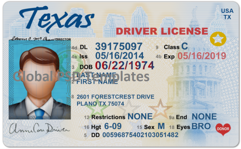 Texas Drivers License Template – Global PSD Template